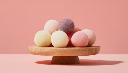 Pastel-colored spherical candies on a wooden pedestal against a pink backdrop