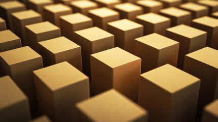 A golden cube with a shiny, reflective surface, standing out from a sea of identical cubes in a golden hue.