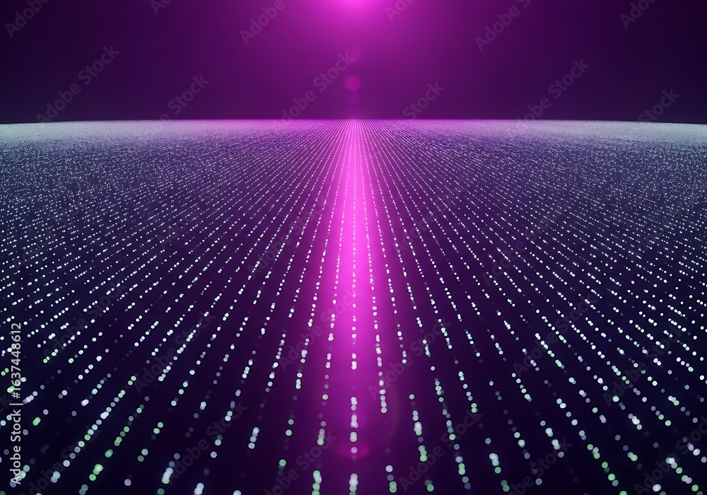 Poster abstract digital data flow visualization with glowing lights and a vibrant purple background