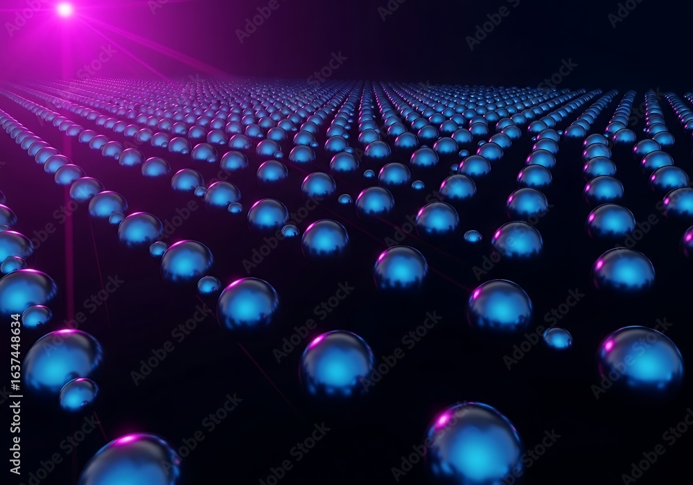 Poster dynamic abstract network of glowing blue spheres with vibrant neon light and digital connection