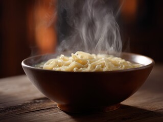 Conceptual image of a steaming bowl of noodles, comfort food. Warmth, inviting. Authentic.