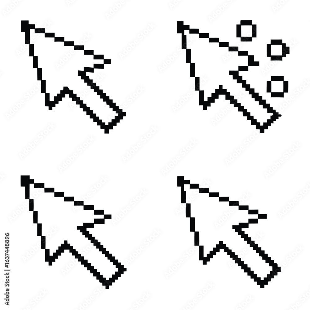 Poster collection of pixelated arrow cursor icons in black and white
