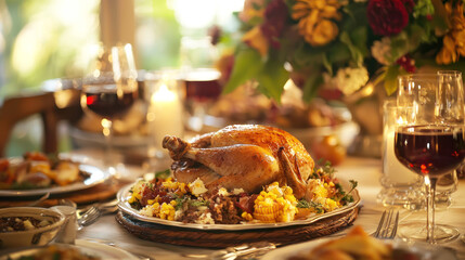 A beautifully set Thanksgiving table with a roasted turkey, corn, and other side dishes, surrounded by wine glasses and a vase of flowers.