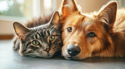 A brown dog and a gray tabby cat lying side by side on a gray surface with a blurred window in the background.