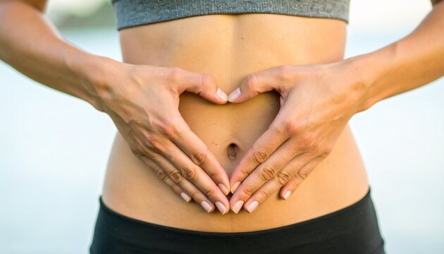 Fit woman in sportswear making a heart shape with her hands on her toned stomach.