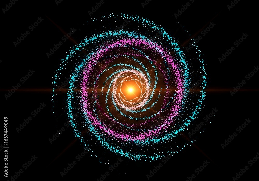 Poster dynamic abstract spiral of colorful particles with bright light and lens flares on black background