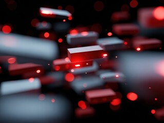 Abstract background of fragmented data visualizations with some pieces glowing red, representing biased data. Inequality, warning. Chaotic.