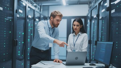 Two professionals collaborate in a data center, analyzing information on a laptop and computer screen.
