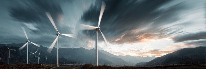 Wind turbines under dramatic sky at sunset