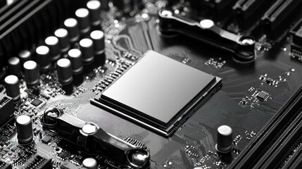 A black and white computer motherboard with a central processor unit (CPU) and various components