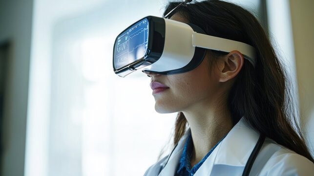 A female doctor wearing a white lab coat and stethoscope, using a VR headset to view medical data in a virtual environment.