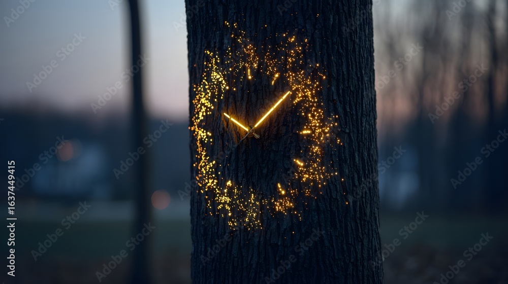 Poster Illuminated clock face embedded in a tree trunk at twilight.