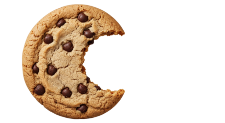 Large, half-eaten chocolate chip cookie with jagged bite, macro detail, next to a high-res black-white dental record, isolated on transparent, forensic evidence match
