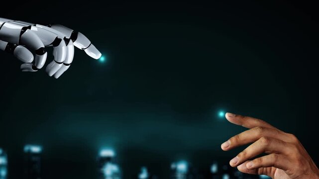 Futuristic robot artificial intelligence enlightening AI technology development and machine learning concept. Global robotic bionic science research for future of human life. 3D rendering graphic.