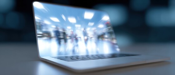 Conceptual image of a laptop screen opening up to reveal a bustling virtual office environment, digital workspace. Productivity, remote integration.