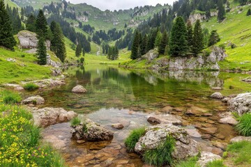 Obraz premium Serene alpine lake nestled amongst rocky peaks