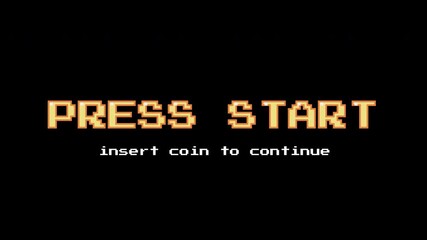 PRESS START INSERT A COIN TO CONTINUE. pixel art. 8 bit game. zoom animation. retro game. for game assets in vector illustrations. pixel art 8 bit game from vintage arcade computer. dark background - Powered by Adobe