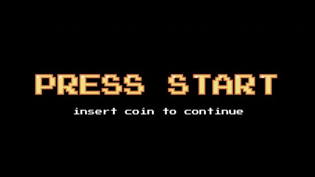 PRESS START INSERT A COIN TO CONTINUE. pixel art. 8 bit game. zoom animation. retro game. for game assets in vector illustrations. pixel art 8 bit game from vintage arcade computer. dark background