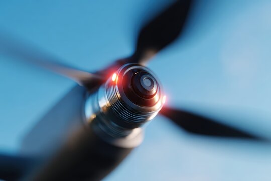 Close-up of a drone propeller in motion, aerial technology. Surveillance, delivery. Dynamic. - Powered by Adobe