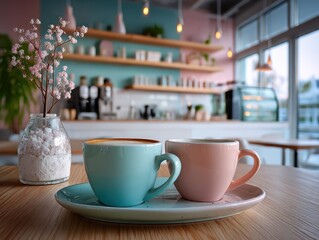 Two colorful coffee cups on a wooden table in a cafe