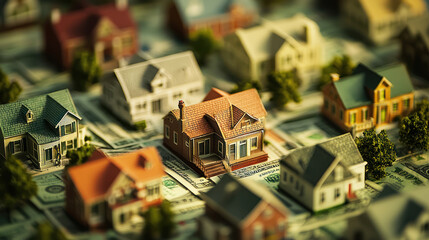A miniature model of a town with houses, roads, and trees, placed on a bed of money.