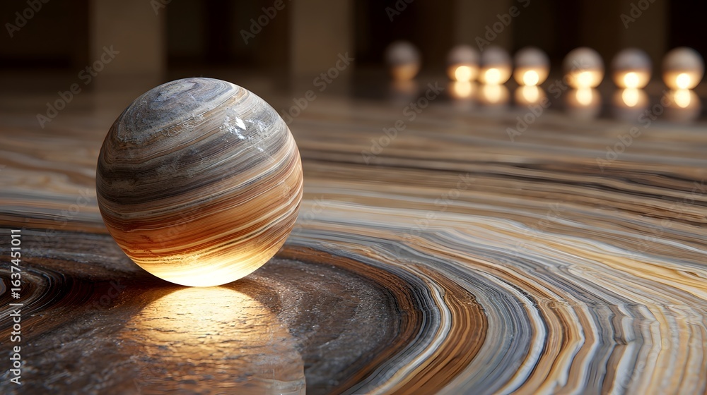 Poster ornate sphere resting on a patterned surface.