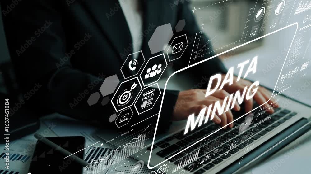 Poster business professional working on laptop with digital data mining graphics overlay. asymptotic smart 