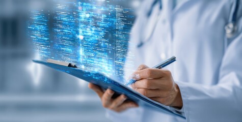 Doctor writes notes, holographic code appears on clipboard