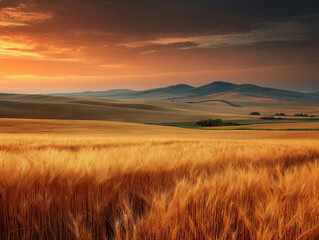 dramatic golden field of ripe wheat beneath fiery sunset sky, layered hills with smooth curves in the distance, tranquil farmland view on white background