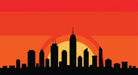 Obraz premium Urban skyline at sunset. Warm radial background, graphic design use