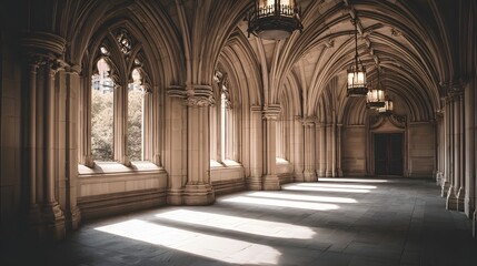 Fototapeta premium A stone-walled hallway with arched ceilings and sunlight filtering through the windows.