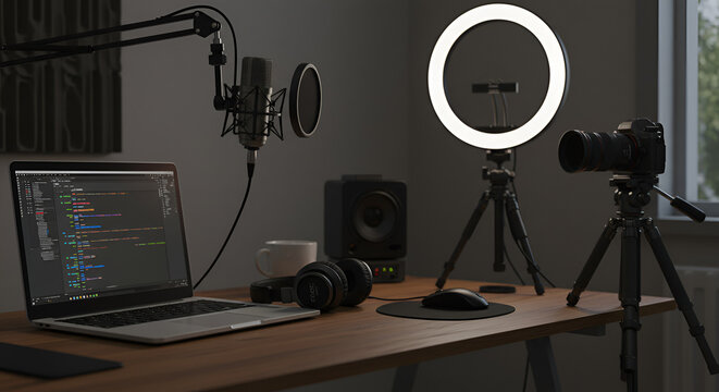 Modern home recording studio setup with professional equipment and developer workspace