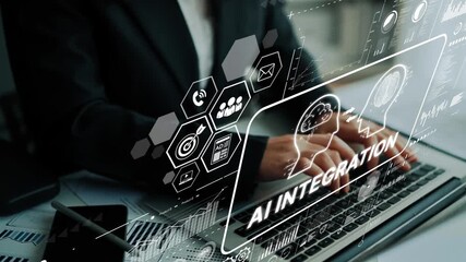 Professional businesswoman using laptop with AI integration graphics and data visualization for technology innovation in office environment. Asymptotic smart data analytic. - Powered by Adobe