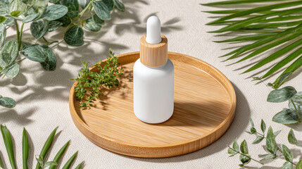 White dropper bottle on bamboo tray with green leaves and natural light