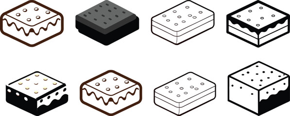 Isometric Dessert Icons:  Brownie, Cake, and Cookie Variations in Line Art and Solid Styles.