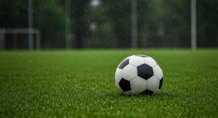 Football in the Rain A Classic Soccer Ball on Lush Green Grass Field during a Downpour Showing Dedication and Passion