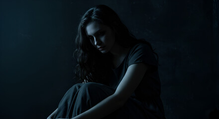 Pensive woman sitting in the dark expressing sadness and vulnerability
