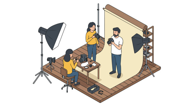 Teamwork in studio Three photographers review photos, light & backdrop setup