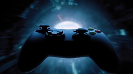 Conceptual image of a gamepad silhouette against a backdrop of a digital world, gaming world. Portal, adventure.