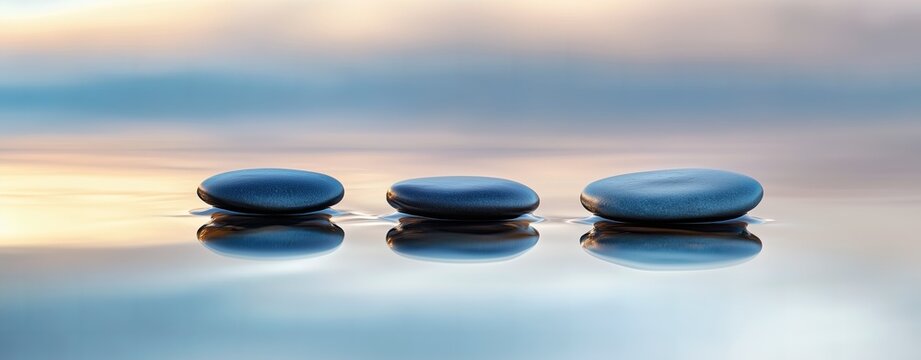 Zen stones balanced on calm water surface for relaxation and harmony