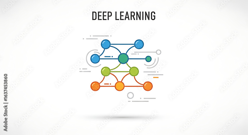 Poster illustration of a deep learning neural network with connected nodes and multiple layers on white