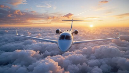 Fototapeta premium Luxurious Travel on a Private Jet Flying Over Clouds at Sunset
