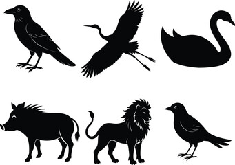 set of silhouettes of birds and others