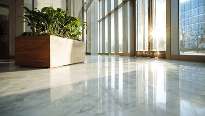 Fototapeta premium Sunlit office hallway with polished marble floor and potted plants