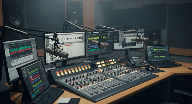 Professional Podcast Studio Setup with Microphones and Mixing Console