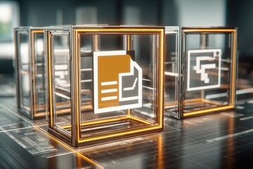 Digital document icons in transparent cubes