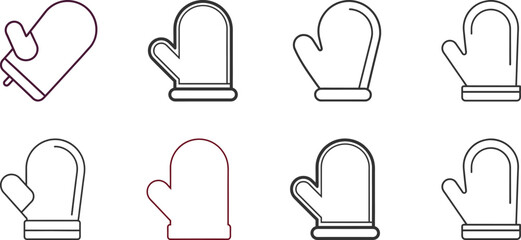 Set of eight minimalist oven mitt icons; line art, various colors, baking, kitchen.