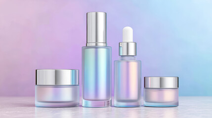 Iridescent skincare packaging with frosted glass containers on pastel background