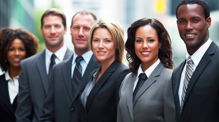 A diverse group of business professionals standing together in a cityscape.