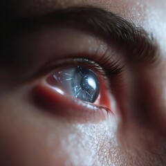 Naklejka premium Close-up of a human eye looking intently at an AI-generated image, evaluating its ethical implications. Perception, critical thinking. Intense.